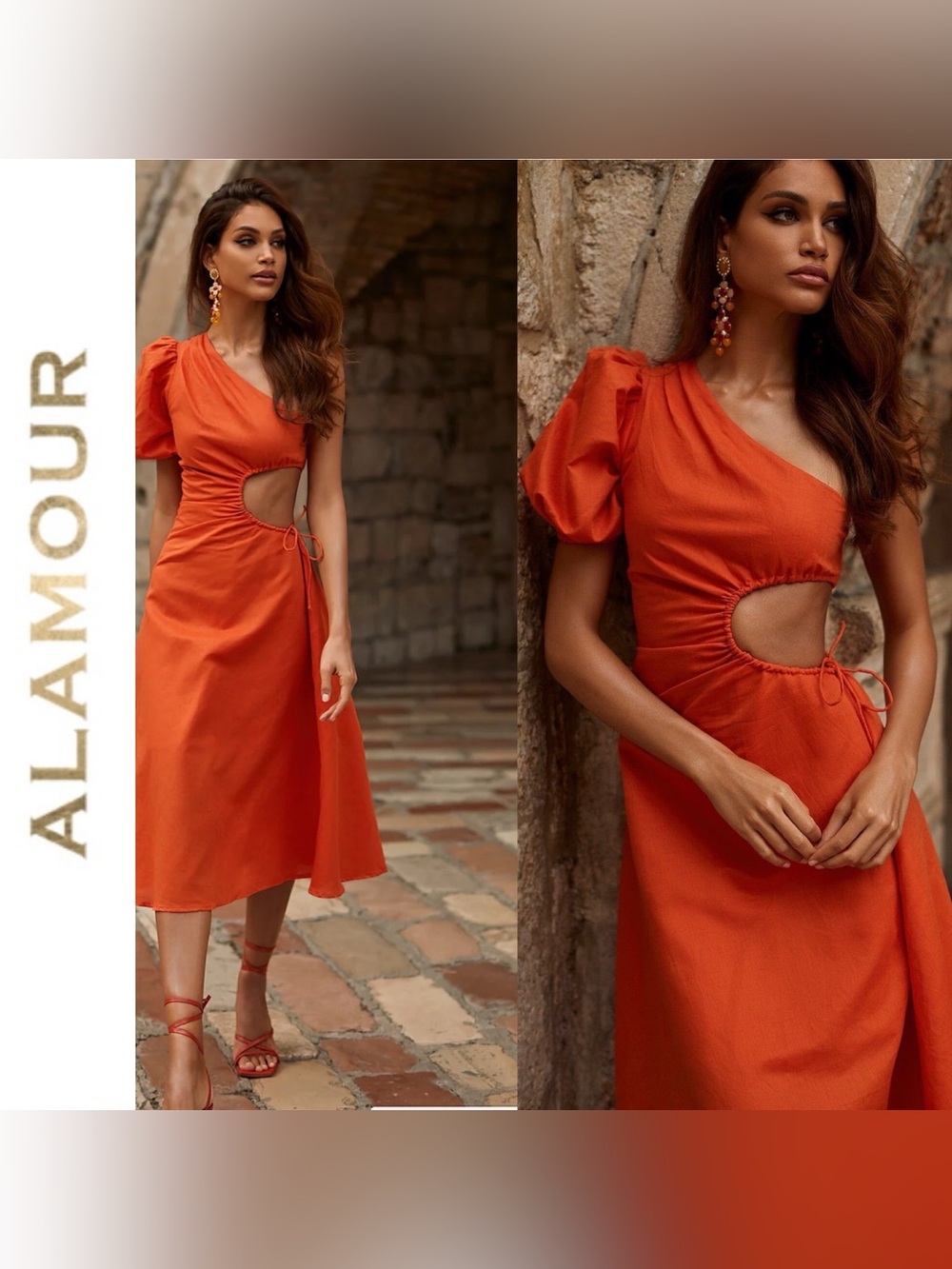 NWT Alamour The Label Morena Orange Cut Out Midi Dress Resortwear Wedding Guest